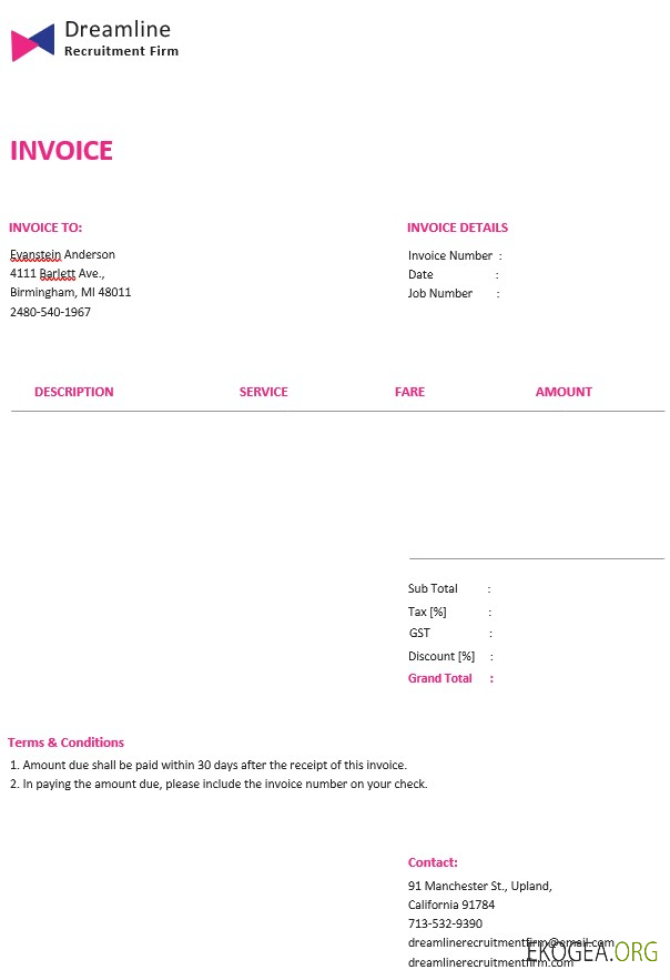 Modèle de facture pour cabinet de recrutement